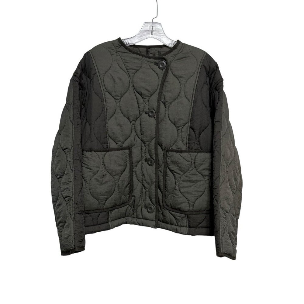 Zara Quilted Bomber Jacket in Olive and Black Contrast